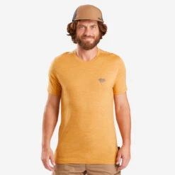T-shirt De Trek Voyage Manches Courtes Laine Mérinos Homme - TRAVEL 500 Jaune